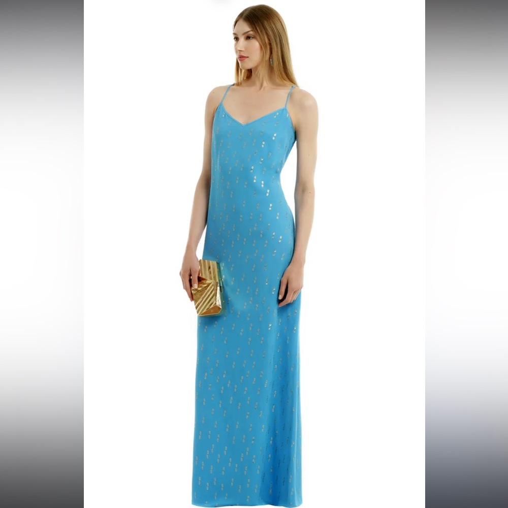 Lilly Pulitzer silk turquoise blue and metallic gold maxi dress